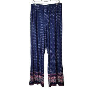 New Directions Womens Blue Paisley Border Print Wide-Leg Pants L Polyester/Spand